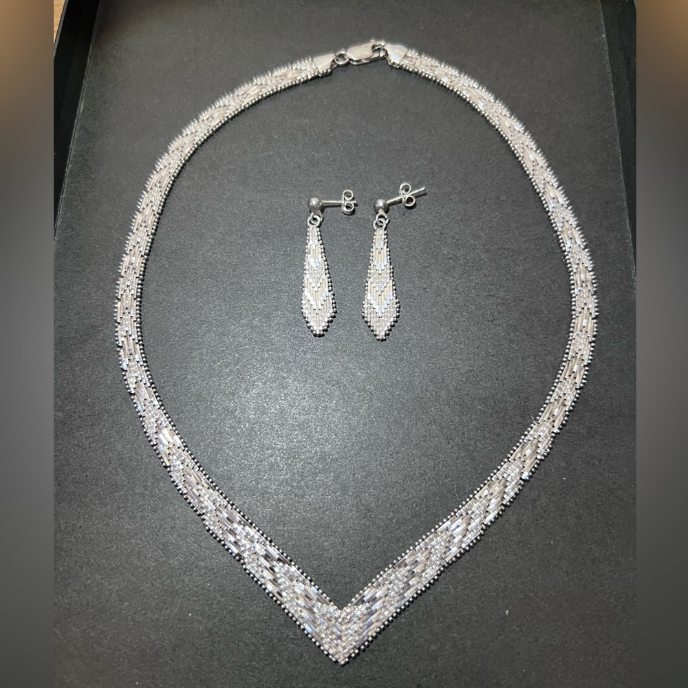Vintage Sterling Silver V Basketweave Necklace And Earrings Set Italy Retro 17”